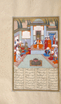 Khusrau Parvîz, seated on the throne at Madâ'în, is surrounded by courtiers, including a cook in a big white hat and white robe.