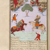 Khusrau Parvîz kills the horse of Bahrâm Chûbîna with a bow and arrow.