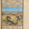 Bahrâm Chûbînah kills the dragon that has devoured the daughter of the Khâqân of Chîn.