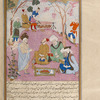 Firdausî approaches the three poets of Shâh Mahmûd who sit reading while servants prepare meat on a spit behind them.