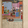The young Kay Khusrau, dressed as a shepherd, is lead before Afrâsiyâb by Pîrân.