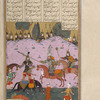 Rustam, having killed Afrâsiyâb's horse with his spear, attacks the Tûrânian leader.