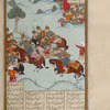 A party of Iranian soldiers with drawn swords chases Farûd, who defends himself with a mace.