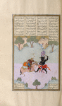 Rustam attacks Akvân Dîv, who is described in the text as in the guise of an onager of invisible, but here is shown as a dîv.