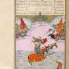 Isfandiyâr lifts Kuhrâm, one of Arjâsp's captains, above his head by his waistband.