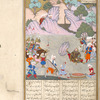 Rustam, roasting an onager, kicks aside the rock pushed by Bahman.