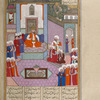 Iskandar, seated on a platform in a courtyard, dictates a letter to the Khâqân of Chîn.