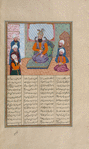 Zahhak enthroned, surrounded by five courtiers.