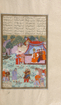 Rustam captures the King of Mâzandarân and takes him before the tent of Kay Kâ'ûs.