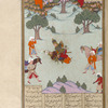 Suhrâb raises his dagger to kill Rustam in their second combat.