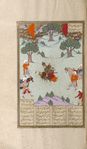 Suhrâb raises his dagger to kill Rustam in their second combat.