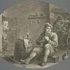 Man smoking, others in background, woman entering, left