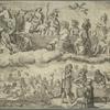 Gods showering gifts (tobacco) on men]; [Allegorical figure of a woman holding fruit, pipe at right?]
