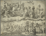 Gods showering gifts (tobacco) on men]; [Allegorical figure of a woman holding fruit, pipe at right?]