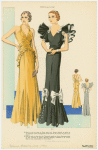 Women in  formal evening gowns, front and back views.