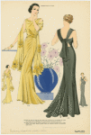 Women in  yellow and black evening gowns, front and back views