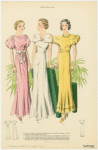 Women wearing pink, white and yellow formal dresses.