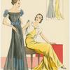 Two women wearing evening gowns, front and back views.