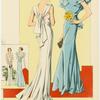 Two women wearing evening gowns, front and back views.