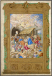 Full-page miniature of the Adoration of shepherds and of angels. Elaborate full border with 3 scenes in lower margin in camaieu d'or: Circumcision, Adoration of the Magi, Presentation in the Temple