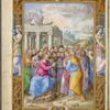 Full-page miniature of the Sermon on the Mount, thought to contain portraits of specific individuals. Elaborate full border with human figures