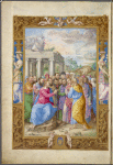 Full-page miniature of the Sermon on the Mount, thought to contain portraits of specific individuals. Elaborate full border with human figures