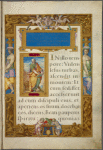 Title and opening of Gospel of Matthew, but with figure of St. Mark and his lion. Elaborate full border with human figures