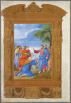 Full-page miniature of Christ handing the keys to Peter; by an artist other than Giulio Clovio. Full border with human figures