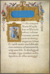 Opening of gospel of Mark, with title and miniature of Mark and his lion; elaborate borders, with human figures