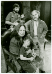 Colleen Dewhurst (seated), Christopher Garvin (seated), and Peter Michael Goetz in the stage production The Queen and the Rebels
