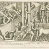 Roman legionnaires building a camp and excavating a road (left) ; horses transporting a ballista (bottom right) ; and the emperor Trajan receiving the surrender of Dacian chieftains (top right)