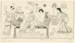 Apollo and Aphrodite on cushioned couch, flanked by female attendants with basket, mirror, box and magic wheel; Eros hovers above with wreath 