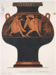 Attic psykter (wine cooler) depicting two bearded revelers in procession, one carrying vessels (of wine?) and the other playing the aulos (double flute)