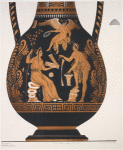 Apulian amphora or pelike, possibly depicting a marriage scene, with a seated woman at left holding an open cista, a standing male facing her holding a situla in his left hand and an unknown object in his right hand; and an erotes with a wreath hovering over the couple