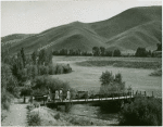 Golfers crossing path bridge