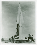 The newest Nike-Hercules Missile is shown here on its launching platform prior to firing at the White Sands Proving Grounds US Army Test Center in New Mexico