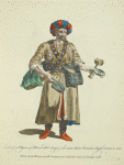 Habit of a pilgrim of Mecca called Sacquaz who carries about aromatic simple waters to sell. Pélérin de la Mecque, apellé Sacquaz, qui vend des eaux de senteur 1588.