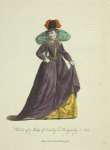 Habit of a lady of quality in Burgundy in 1577. Dame de qualite de Bourgogne.