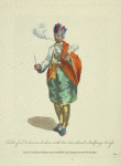 Habit of a Delaware Indian with his tomohawk scalping knife. Indien de la Riviere Delaware arme de la hache a du couteau pur lever sa chevelure.