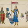 Guerriers Francais du XIIIme siecle. D'ap[rès] des vitraux, et des miniatures du temps. Guerrier Strasbourgeois. 1200-15. Le roi St. Louis, en guerre. 1249. Henry de Metz, marechal de France. 1249-50. Soldats du roi St. Louis. Milicien. 1294.