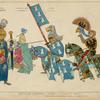 Seigneurs Allemands au Tournoi. (Milieu du XIVme siecle.) D'ap[rés] les miniatures du chant des minnesingers, conservees a Paris, a la Bible Imp[eriale.] Le sire de Swanegöt. Chevalier a l'Oiseau. Le sire de Pive. Le duc de Breslau.