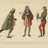 Hommes nobles et fauconnier, costumes Venitiens (pientures de Vittor Carpaccio, Pinacothèque de Venise. Dessins inédits.) XVe siècle, costumes civils, hommes, Italie. Communiqué par J. Gatteri de Venise.