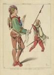 Écuyers, 1500-15 (Tapisserie. Musée de Cluny. Dessin inédit.)  XVIe siècle, costumes de chevalerie, Flandre.