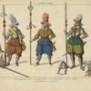 Hallebardiers du cortège d'un prince (1615-1620) (Gravure du temps). XVIIe siecle, costumes militaires, Allemagne.