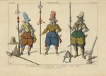 Hallebardiers du cortège d'un prince (1615-1620) (Gravure du temps). XVIIe siecle, costumes militaires, Allemagne.