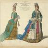 Mlle. de Keroual cree duchesse de Portsmouth, par Charles II roi d'Angleterre. La marquise de Belfont, fille du duc de Mazarin. Costumes de 1694-5. D'ap[rès] la collection de Bonnart.