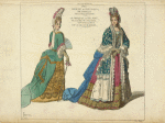 Mlle. de Keroual cree duchesse de Portsmouth, par Charles II roi d'Angleterre. La marquise de Belfont, fille du duc de Mazarin. Costumes de 1694-5. D'ap[rès] la collection de Bonnart.