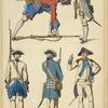 Infanterie Francaise, 2me moitie du XVIIIme siecle. Soldats. 1756. Officier au salut. 1765. Soldat. 1767. Capitaine. 1784.