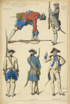 Infanterie Francaise, 2me moitie du XVIIIme siecle. Soldats. 1756. Officier au salut. 1765. Soldat. 1767. Capitaine. 1784.