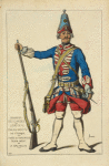 Grenadier des gardes de Louis XV, tableau anonyme de l'époque, au Musée de Versailles. Dessin inédit, de A. Bachelin.